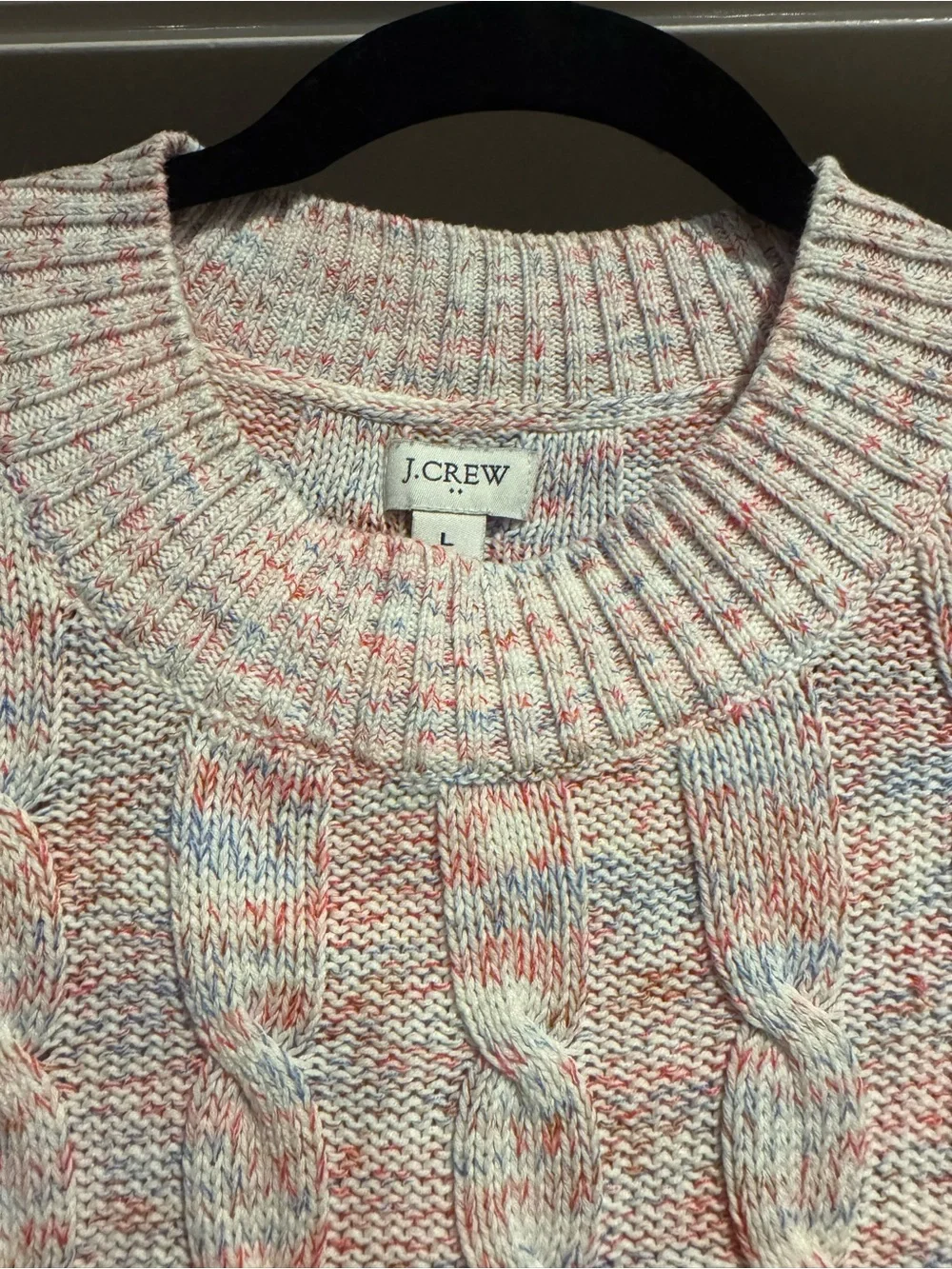 J. Crew Women’s Cable Knit Marled Cotton Blend Crewneck Sweater Pink Blue L